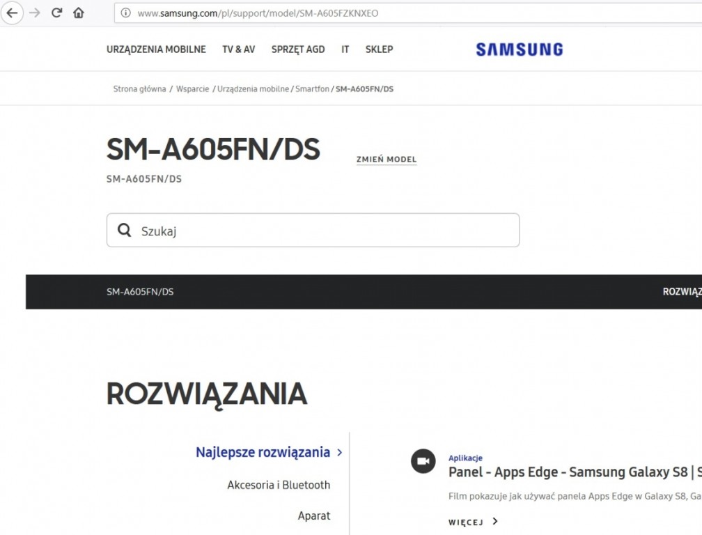 Captura de pantalla del sitio de Samsung Polonia publicando el número de modelo del Galaxy A6+.