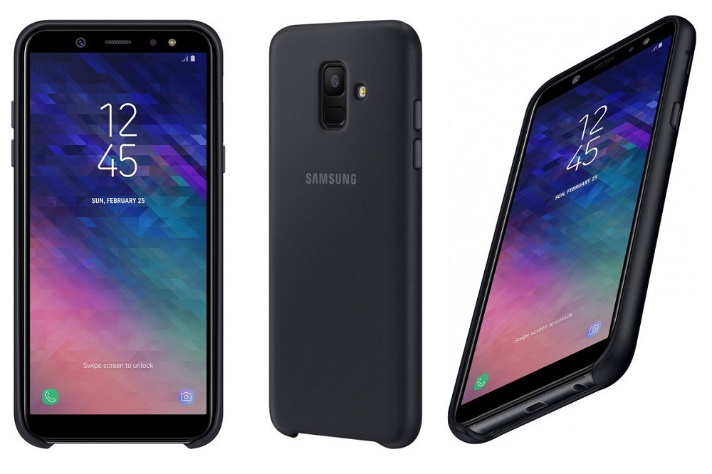 Render filtrado del aspecto frontal, dorsal e inferior del Samsung Galaxy A6 negro.