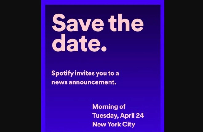 Invitación al evento de presentación de Spotify el 24 de abril en Nueva York.
