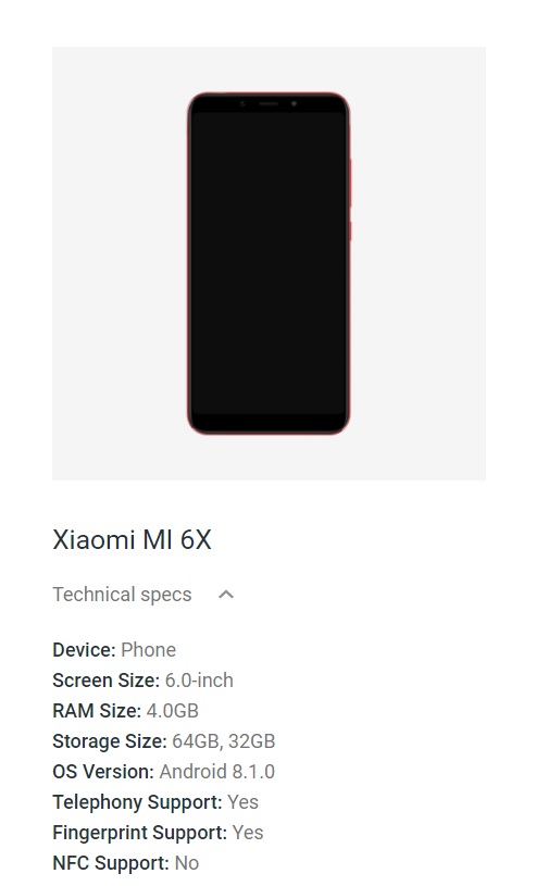 Captura de pantalla del Xiaomi MI 6X figurando en Android.com antes de su anuncio.