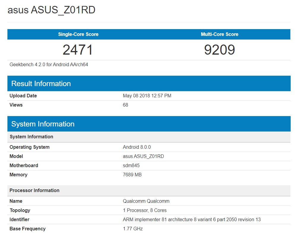Captura de pantalla de las especificaciones del ASUS Z01RD registradas por Geekbench.