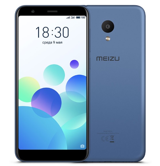 Render oficial del frente y dorso del Meizu M8C color azul claro.