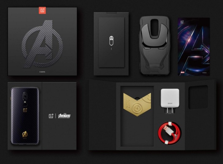 Render oficial del OnePlus 6 Avengers: Infinity War Edition con todos sus accesorios.