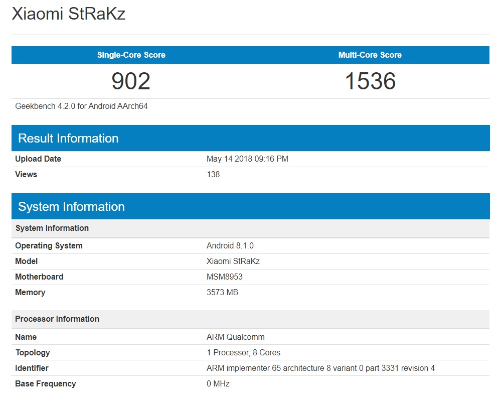 Características filtradas por el sitio Geekbench del Xiaomi StRaKz.