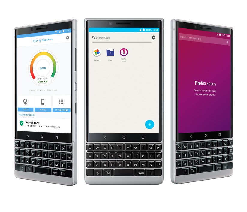 Render oficial del frente del BlackBerry KEY2 con la aplicación DTEK abierta.