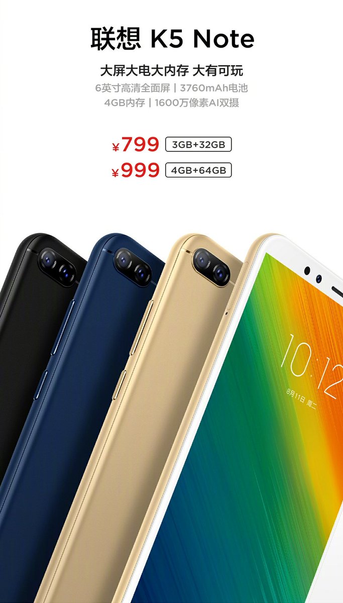 Póster oficial del Lenovo K5 Note (2018) vistiendo todas sus variantes de color.