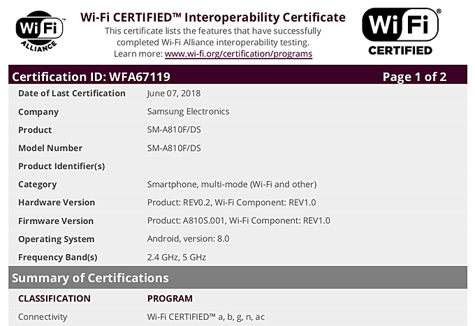 Captura de pantalla de la certificación del Samsung Galaxy A8 (2016) portando Android Oreo.