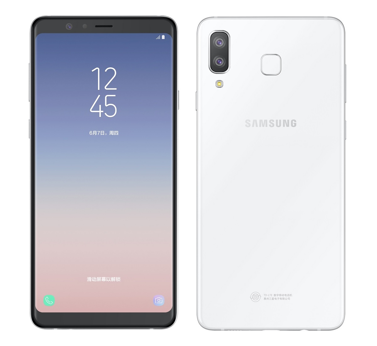 Imagen del frente y dorso del Samsung Galayx A8 Star blanco.