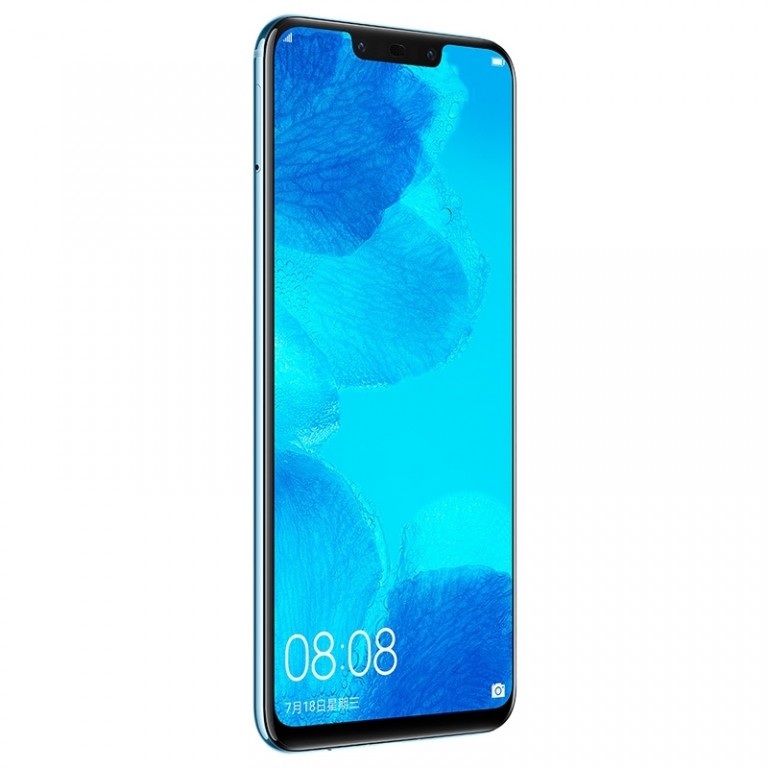 Render oficial del frente y arista izquierda del Huawei Nova 3 color "Aqua Blue".