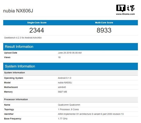 Captura de pantalla del ZTE Nubia Z18 en Geekbench.