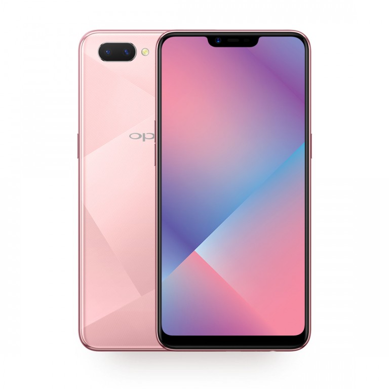 Render oficial del frente y dorso del OPPO A5 color rosa.