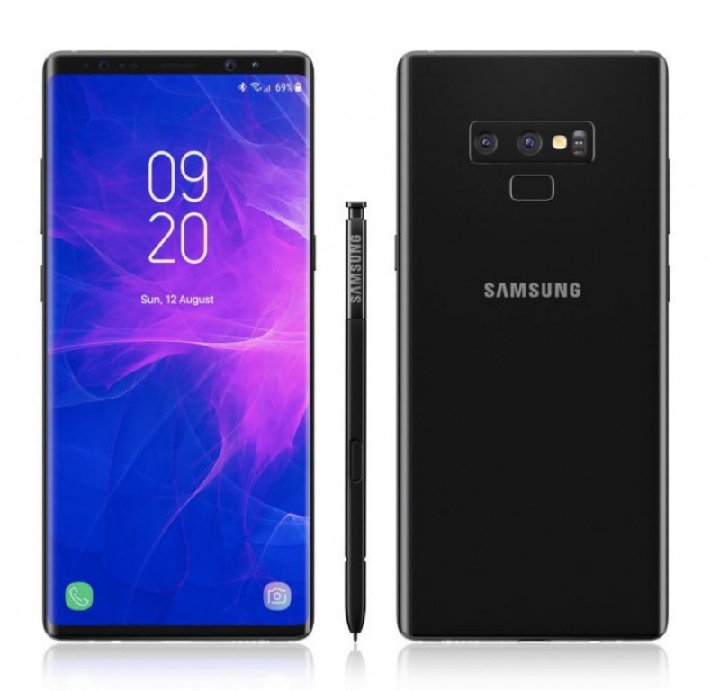 Render filtrado del frente, dorso y lápiz inteligente del Samsung Galaxy Note 9.