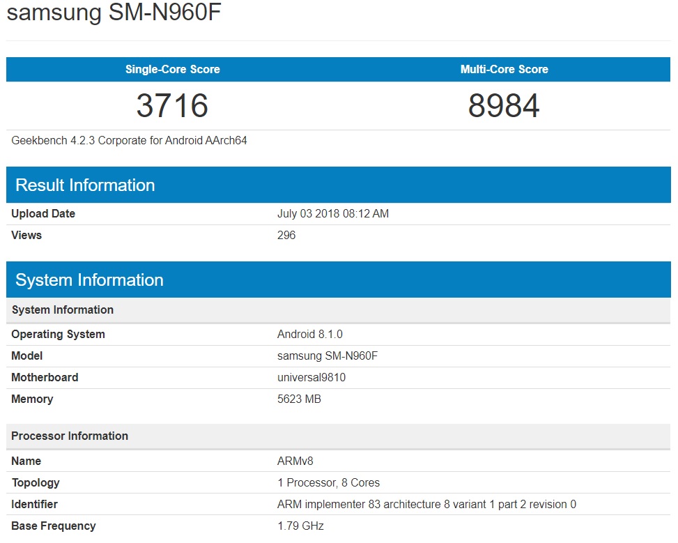 Captura de pantalla del Samsung Galaxy Note 9 en Geekbench.