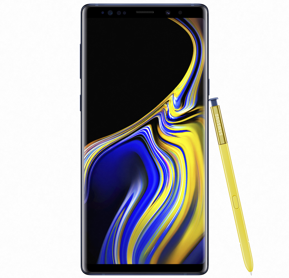 Render oficial del frente del Samsung Galaxy Note 9 color "Ocean Blue" junto a su S Pen.