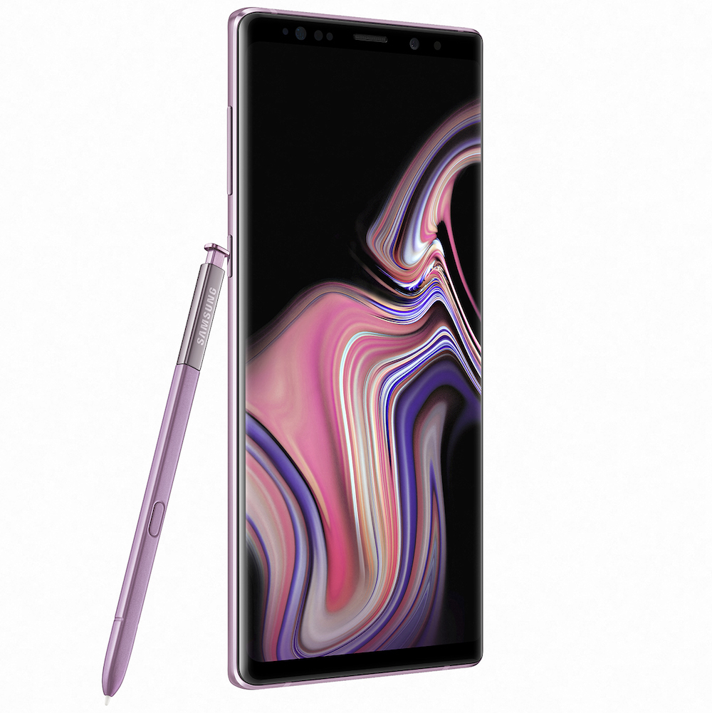 Render oficial del frente del Samsung Galaxy Note 9 color "Lavender Purple" junto a su S Pen.