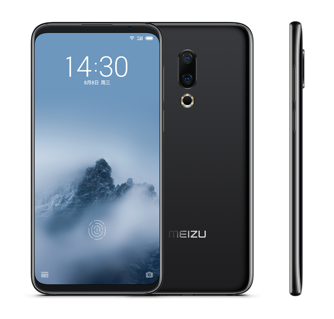 Render oficial del frente, dorso y arista derecha del Meizu 16 color negro.