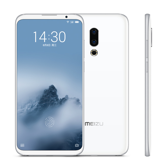 Render oficial del frente, dorso y arista derecha del Meizu 16 Plus color blanco.