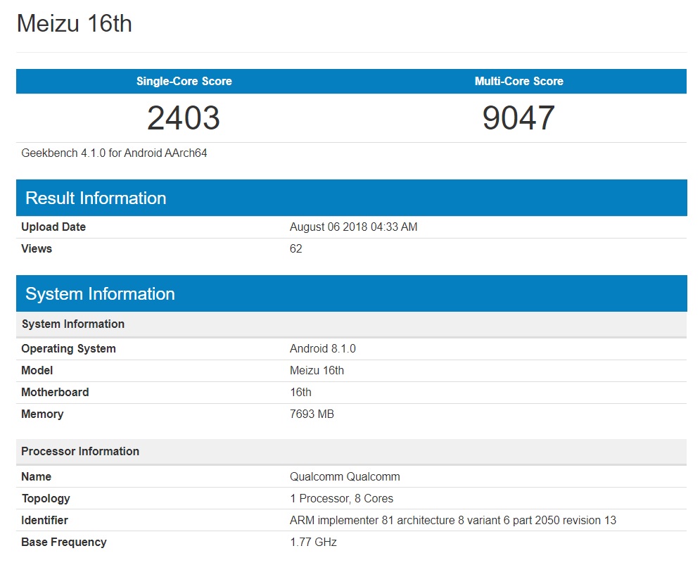 Resultados en Geekbench del Meizu 16.