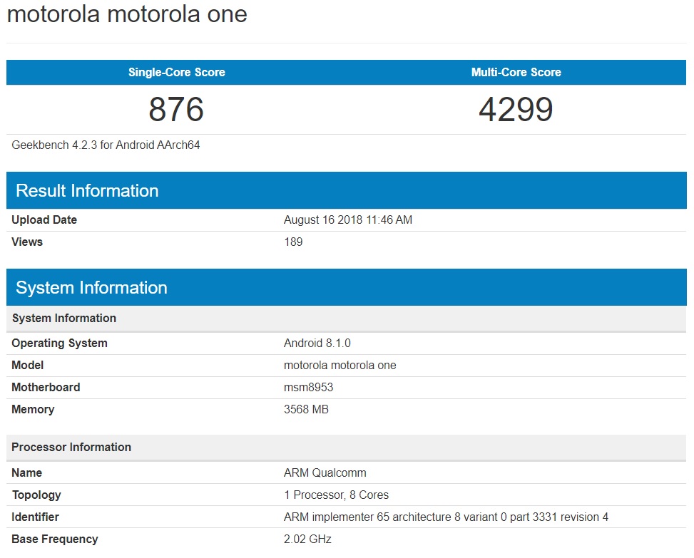 Captura de pantalla del Motorola One en el sitio Geekbench.