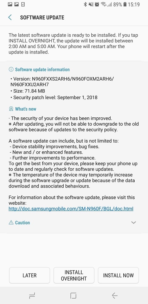 Captura de pantalla del detalle del parche de seguridad de septiembre para el Galaxy Note 9.