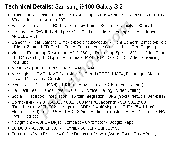 caracteristicas Samsung Galaxy S 2