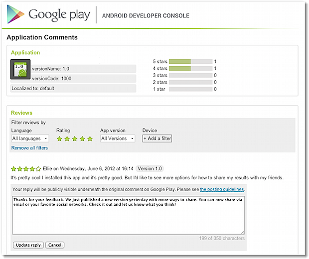 Google Play respuesta a revisiones