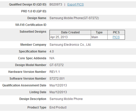 Samsung Galaxy Ace 3 certificado Bluetooth SIG