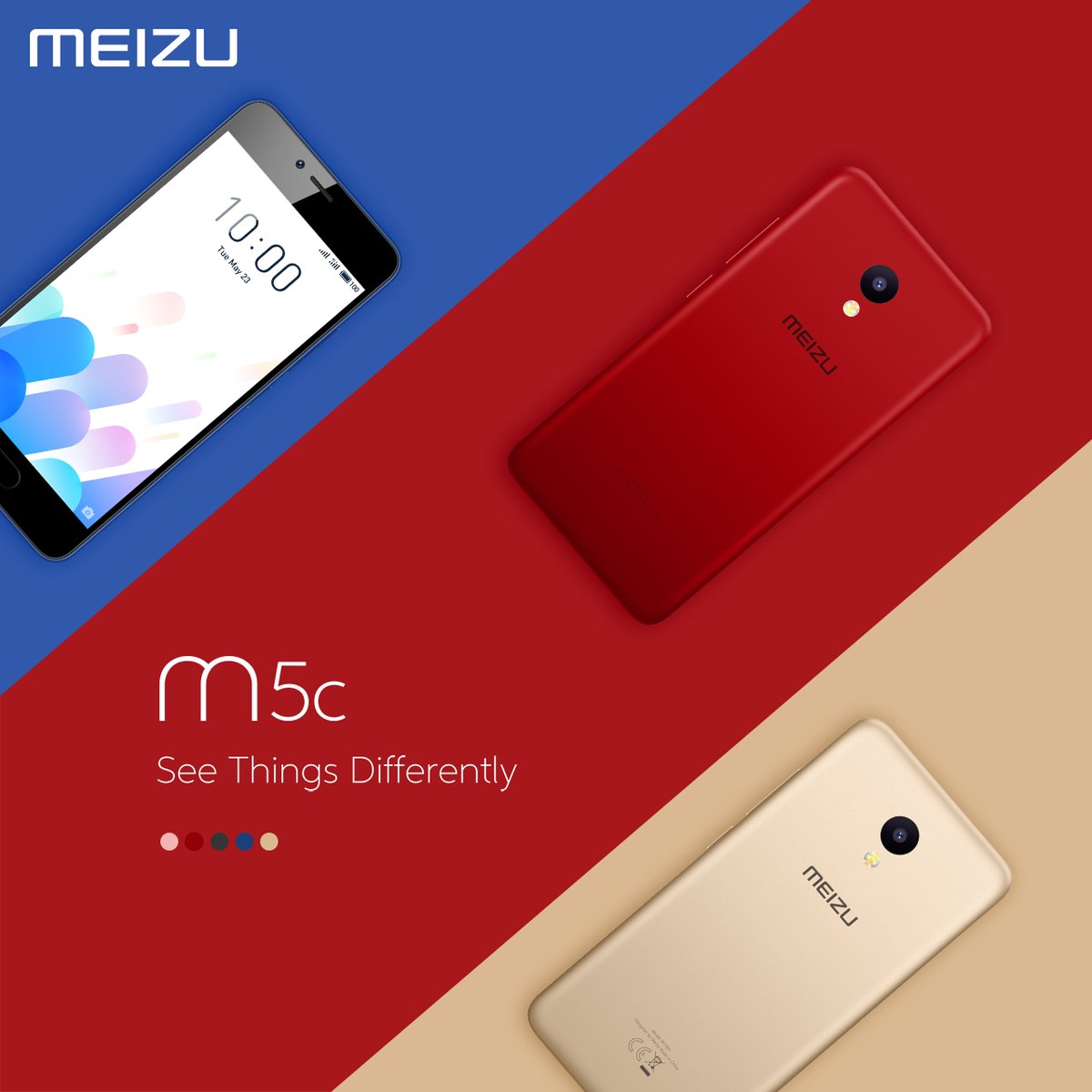 Colores azul, rojo y dorado del Meizu M5c.