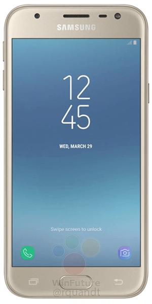 Frente del Samsung Galaxy J3 (2017) dorado versión europea.