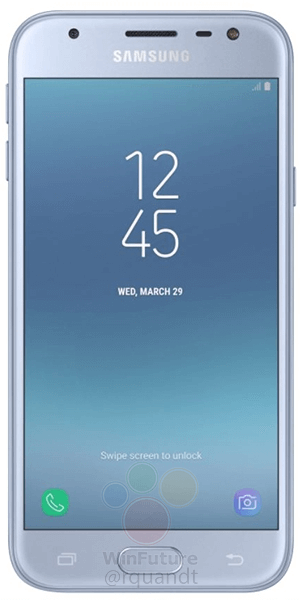 Frente del Samsung Galaxy J3 (2017) azul versión europea.