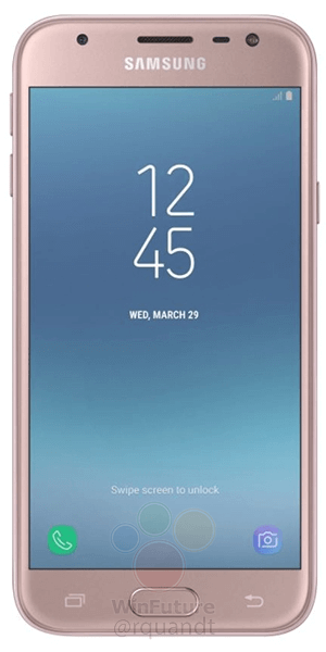 Frente del Samsung Galaxy J3 (2017) rosa versión europea.
