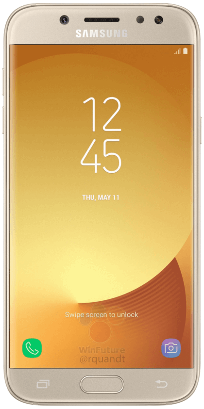 Render filtrado del frente del Samsung Galaxy J5 (2017) color dorado. 