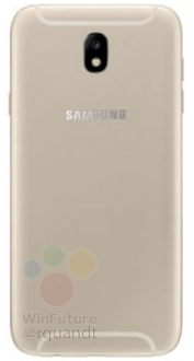 Render filtrado del reverso del Samsung Galaxy J5 (2017) color dorado. 