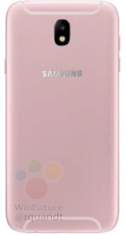 Render filtrado del reverso del Samsung Galaxy J5 (2017) color rosa. 