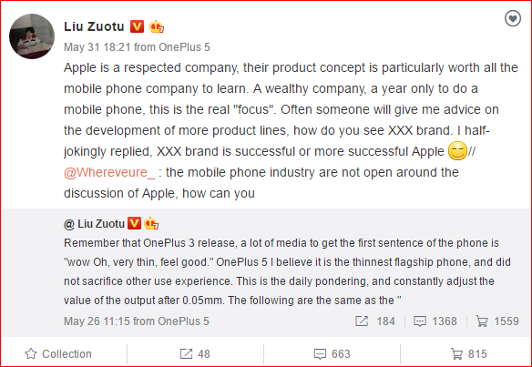 Liu Zuotu haciendo referencia a la delgadez del OnePlus 5.