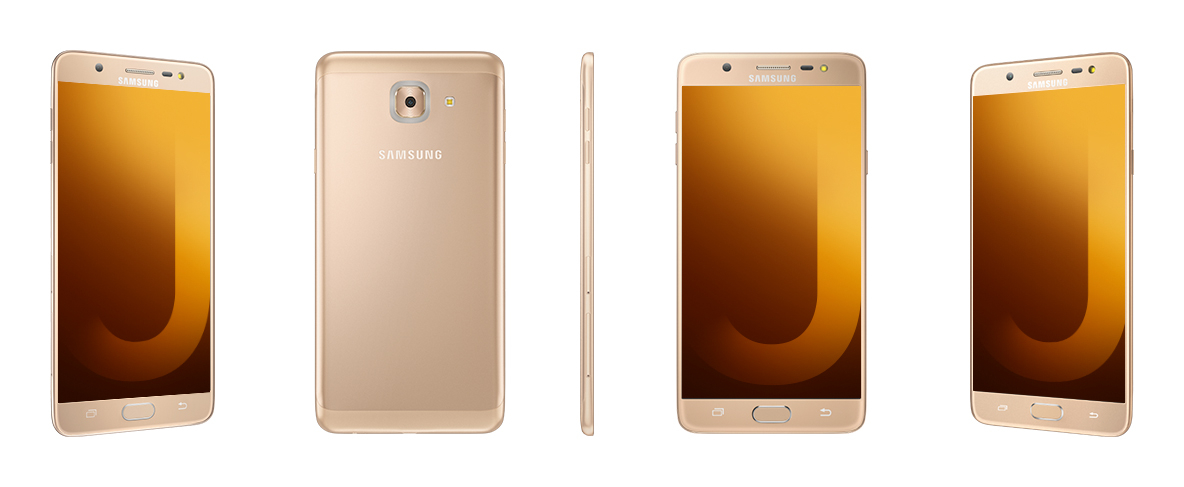 Frente, arista izquierda y dorso del Samsung Galaxy J7 Max dorado.