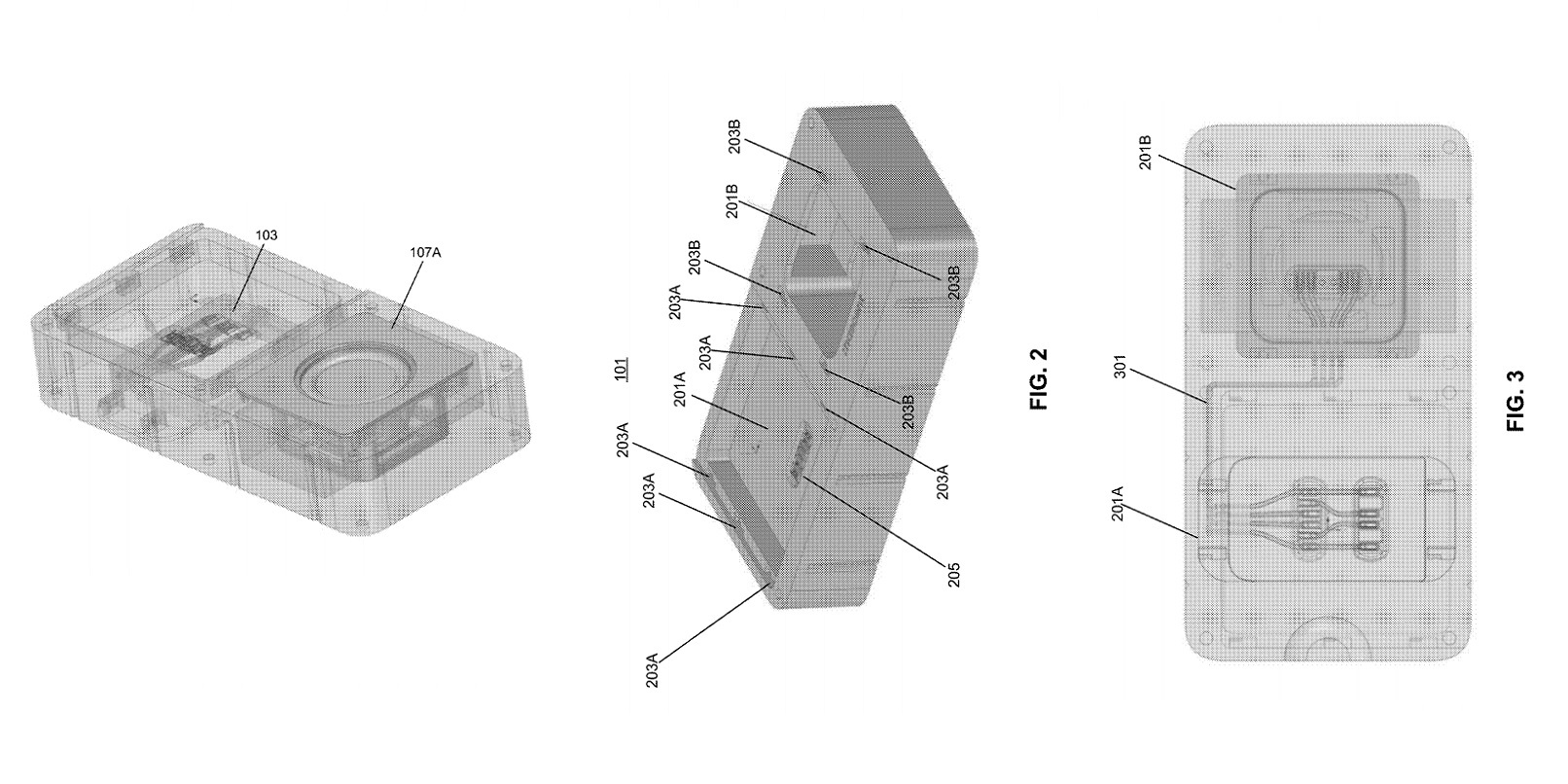 Patente mostrando distintos ángulos del dispositivo modular de Facebook. 