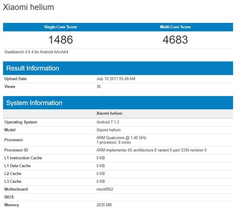 Captura del Xiaomi Helium en Geekbench.