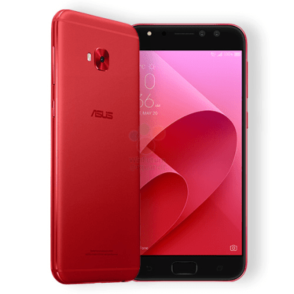 Render filtrado del frente y dorso del ASUS Zenfone 4 Selfie Pro rojo. 