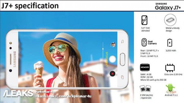 Render del Samsung Galaxy J7+ blanco y sus características filtrado por Slashleaks. 