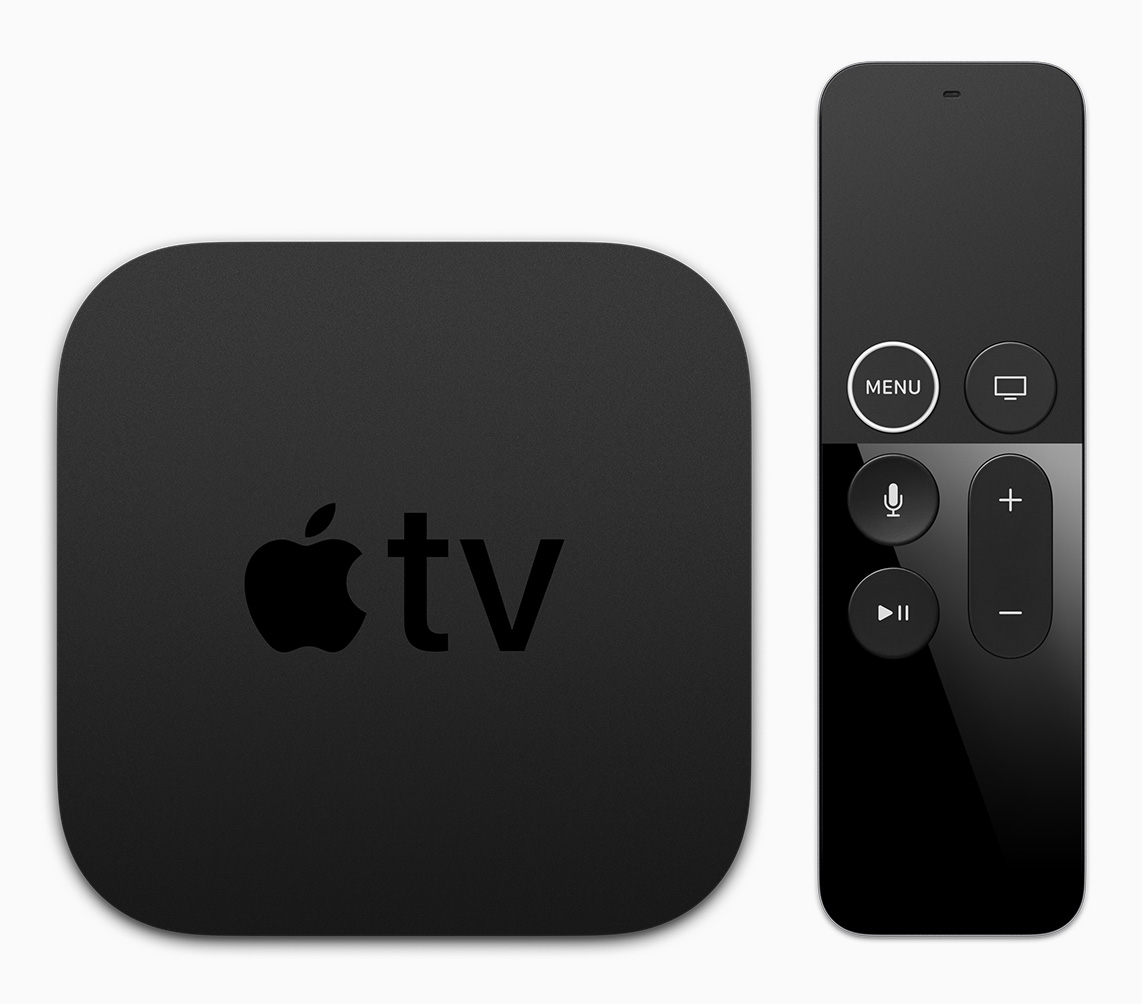 Render oficial del dispositivo Apple TV 4K y su control remoto. 