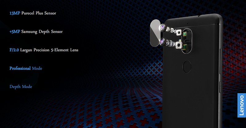 Render oficial del Lenovo K8 Plus describiendo su cámara dual posterior. 