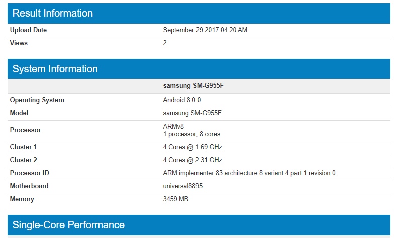 Samsung Galaxy S8+ con Exynos 8895 corriendo Android Oreo en Geekbench.