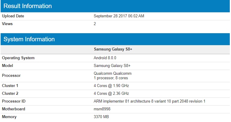 Samsung Galaxy S8+ con Snapdragon 835 corriendo Android Oreo en Geekbench.