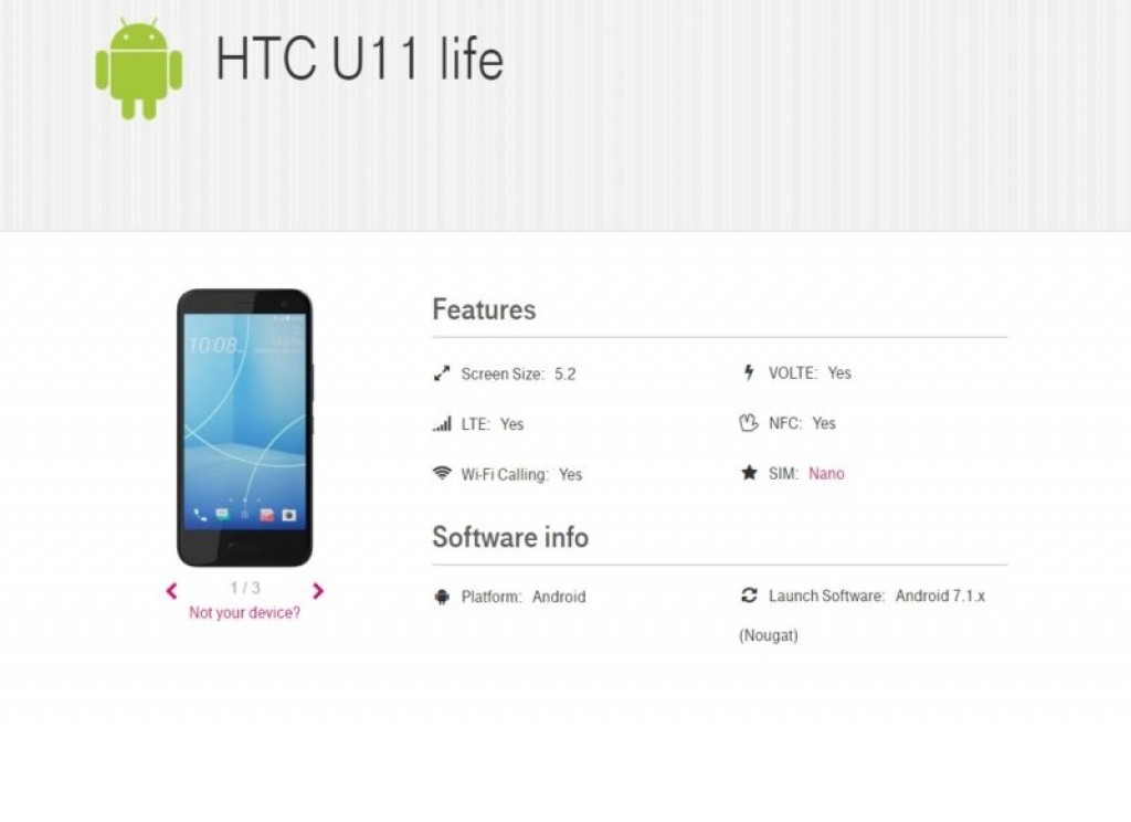 Captura de pantalla del HTC U11 Life en el sitio oficial de T-Mobile. 