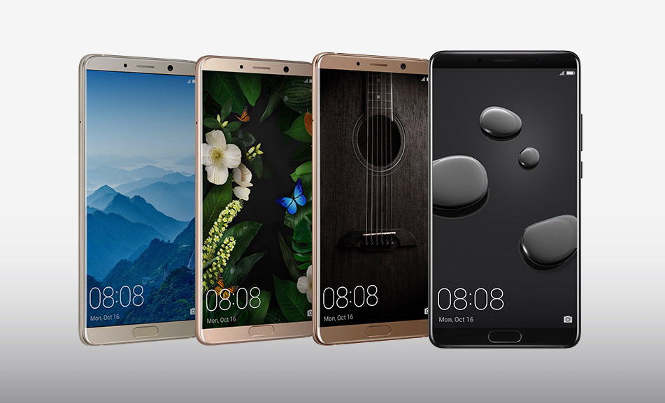 Render oficial del Huawei Mate 10 mostrando el frente de cuatro colores diferentes. 