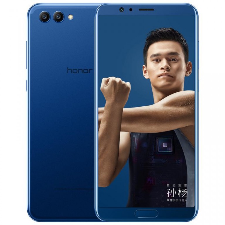 Render oficial del frente y parte del dorso del Huawei Honor V10 azul. 