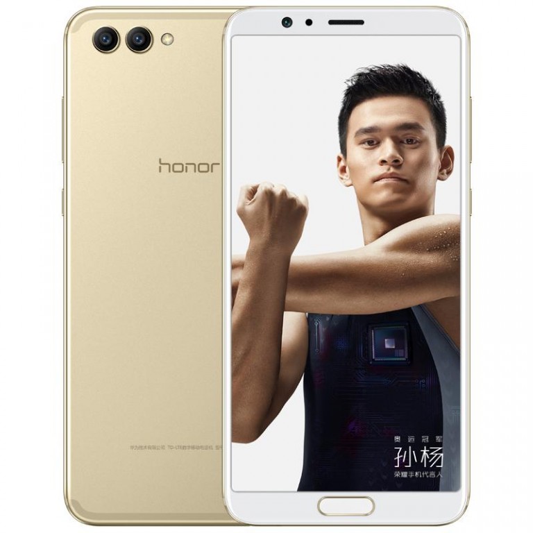 Render oficial del frente y casi todo el dorso del Huawei Honor V10 dorado con frente blanco.