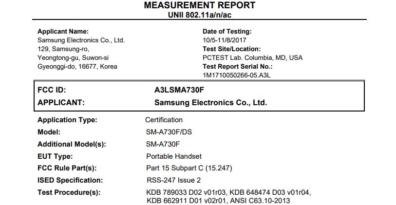 Captura de pantalla de la certificación del Samsung Galaxy A7 (2018) por la FCC.