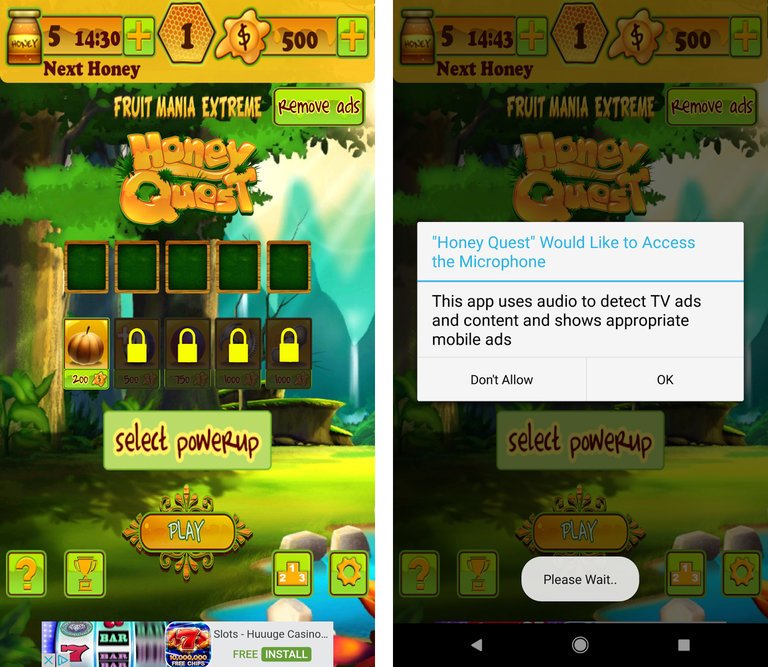 Captura de pantalla de la aplicación "Honey Quest" solicitando permiso para grabar.